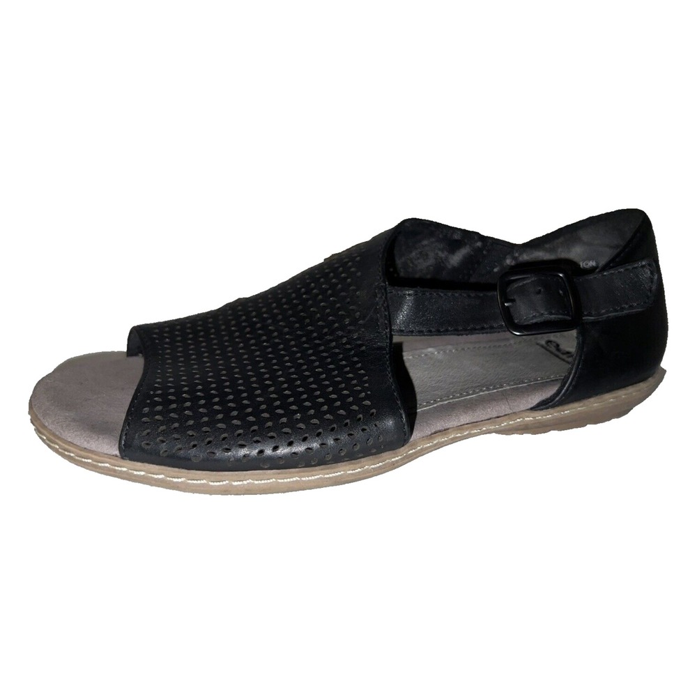 Earth Camellia Ballston Womens Black Leather Perforated Buckle Flat Sandals 6M